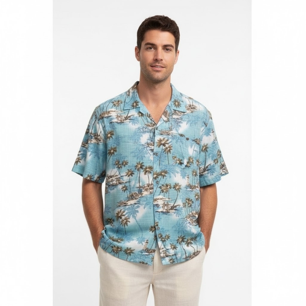 Island Shores Hawaiian Short Sleeve Buttoned Shirt Tropical Beach Palm Size XXL